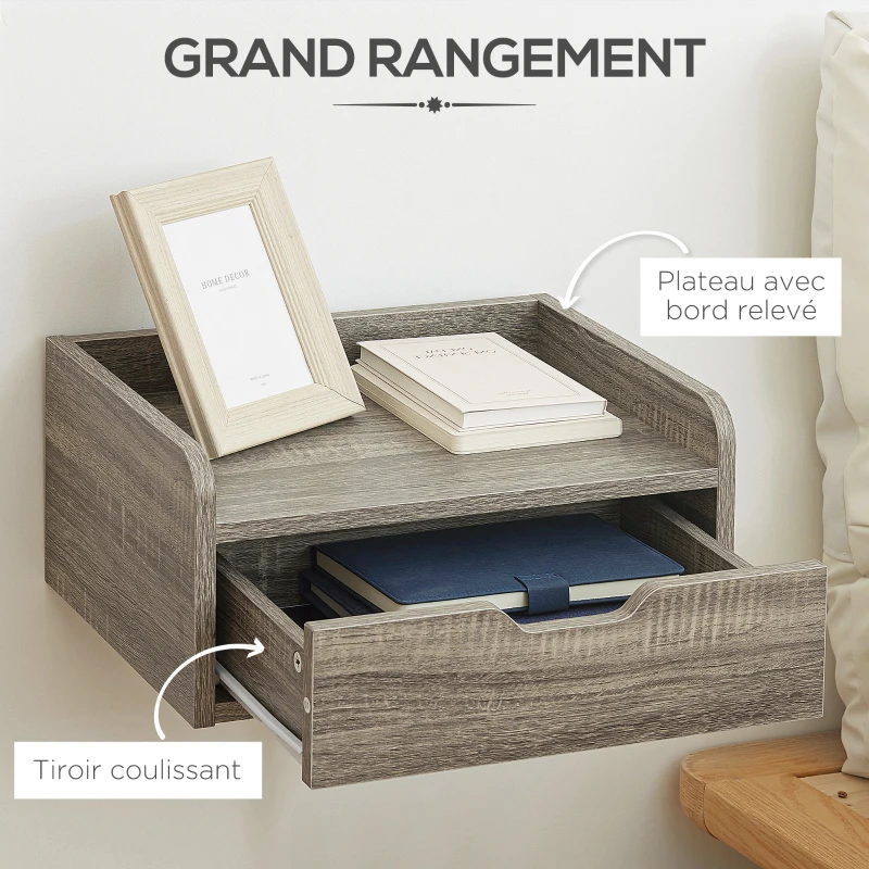 HOMCOM Lot de 2 tables de chevet murales tables de nuit suspendues tiroir plateau aspect bois dim. 40L x 30l x 19,5H cm- gris