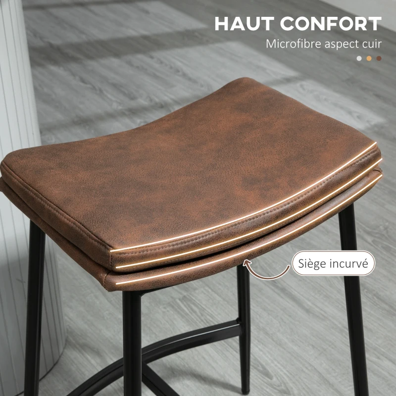 HOMCOM Lot de 2 tabourets de bar avec repose-pieds acier style industriel assise incurvée 48,5 x 38,5 x 68,5 cm marron noir