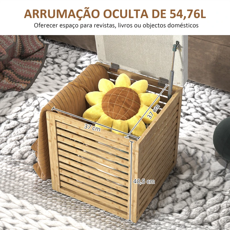 HOMCOM Banco com Armazenamento 57,7L Banco com Arrumação Estofado em Linho Sintético com Estrutura em Bambu 40x40x47 cm Cinza e Madeira