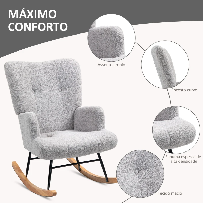 HOMCOM Poltrona Baloiço em Borrego Poltrona para Amamentação com Encosto Capitonê e Base de Madeira 65x88x87 cm Cinza Claro