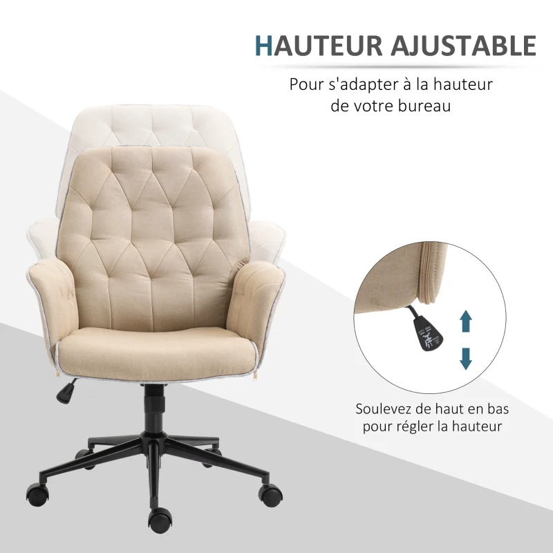 HOMCOM Fauteuil de bureau chaise de bureau hauteur réglable roulettes pivotant 360° tissu chanvre 69L x 66l x 89,5-97H cm beige
