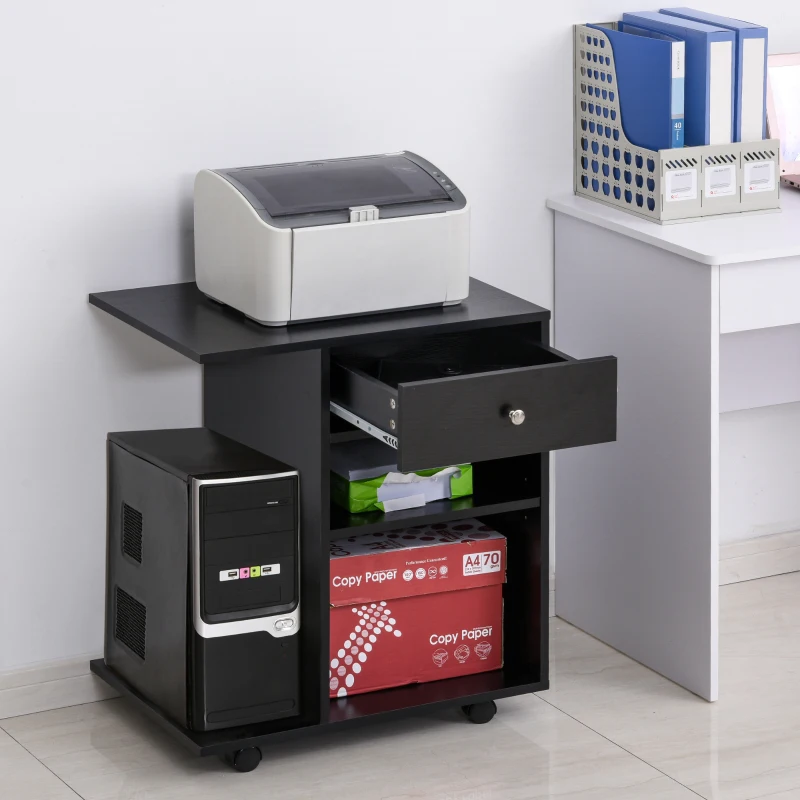 Vinsetto Support d'imprimante organiseur bureau caisson 2 niches tiroir espace CPU + grand plateau panneaux particules noir