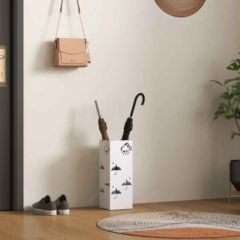 HOMCOM Suporte para Guarda Chuva de Aço com 4 Ganchos e Bandeja de Gotejamento Amovível 15,5x15,5x41 cm Branco