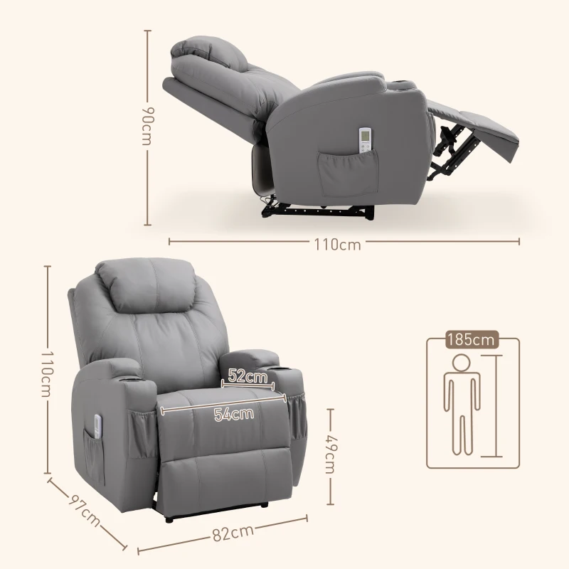 HOMCOM Fauteuil de Massage Inclinable, Chaise de Relaxation avec dossier et repose-pied électrique réglables revêtement synthétique pour Salon, Chambre, Cinéma Maison Gris