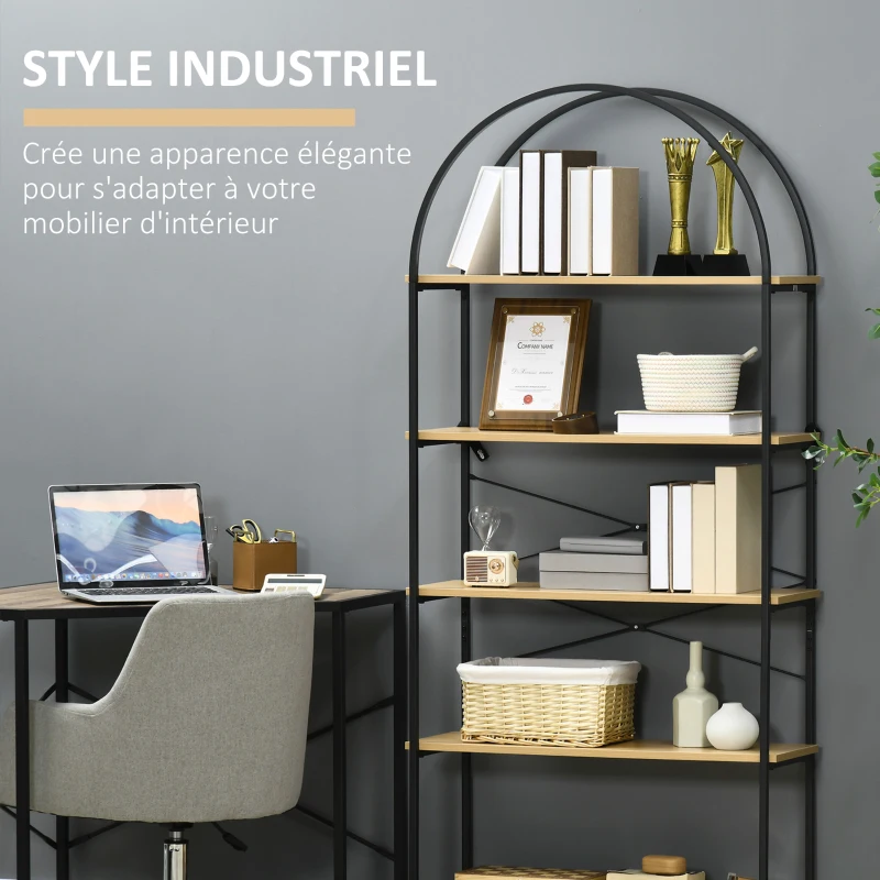 HOMCOM Bibliothèque étagère à 5 niveaux meuble de rangement arrondie style industriel 80 x 28 x 179 cm naturel noir