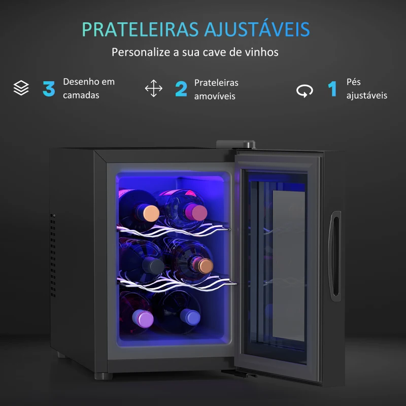 HOMCOM Cave de Vinho para 6 Garrafas com Luz LED Ecrã Tátil Controlo de Temperatura e 2 Prateleiras Ajustáveis 26,5x51,5x39,3 cm Preto