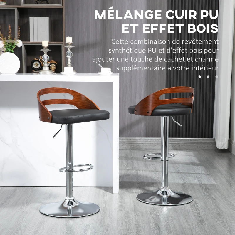 HOMCOM Lot de 2 tabourets de Bar Design Contemporain Hauteur d'assise réglable pivotant 360° revêtement synthétique Noir Dossier ajouré Aspect Bois
