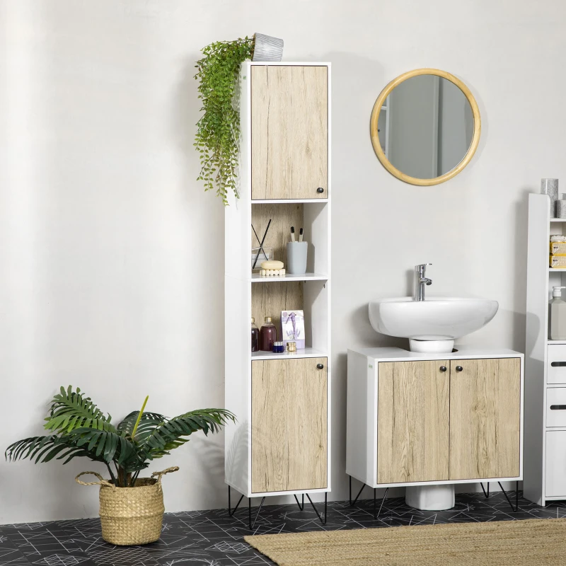 kleankin Meuble colonne de salle de bain armoire toilette haute pied épingle 2 placards avec étagère 30 x 31,5 x 169 cm