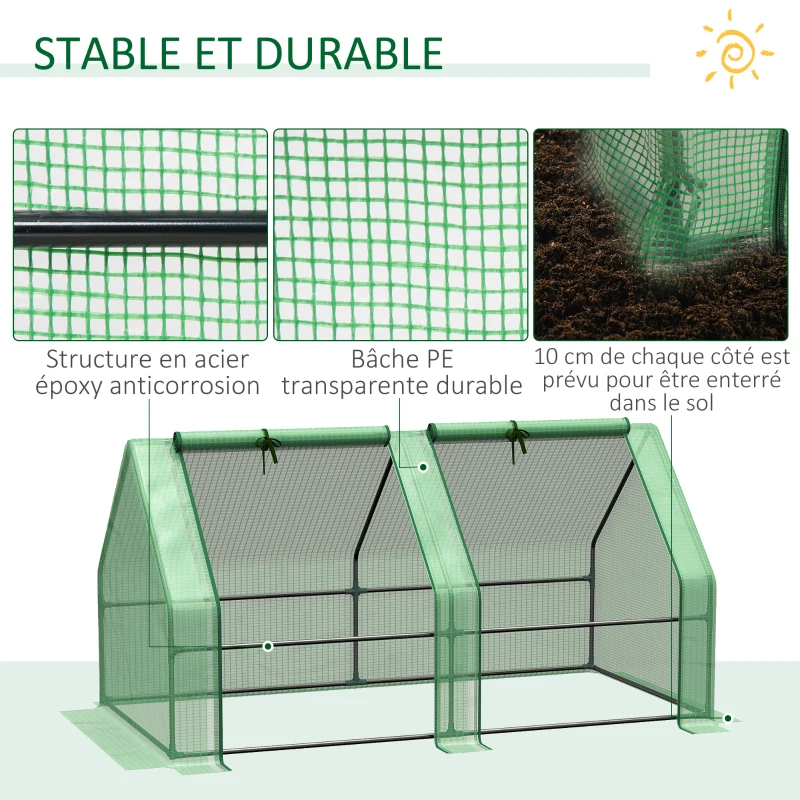 Outsunny Mini Serre de Jardin mini serre tunnel 180L x 90l x 90H cm toit pointu Acier PE Haute densité 140 g/m² Anti-UV 2 fenêtres avec Zip enroulables Vert