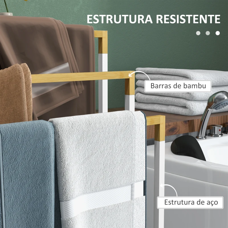 kleankin Toalheiro de Pé de 3 Níveis em Forma de Escada com 3 Barras de Bambu e Estrutura de Aço 45x22,5x86 cm Branco e Madeira