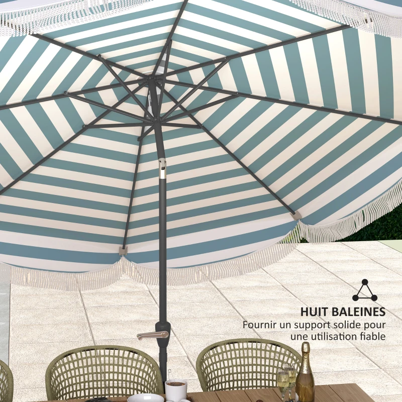 Outsunny Parasol de jardin 2,7 ​​m, parasol inclinable d'extérieur UPF 30+ avec manivelle, 8 baleines, bleu clair et blanc