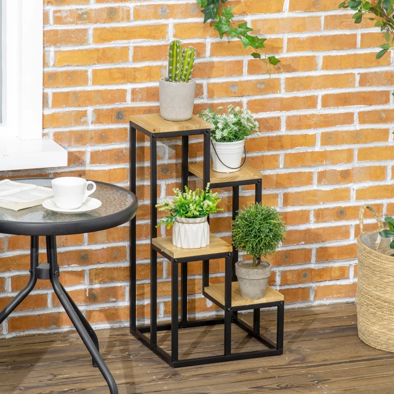 Outsunny Étagère à plantes étagère à fleurs en métal et bois 4 niveaux de différentes hauteurs style industriel 34 x 34 x 66 cm