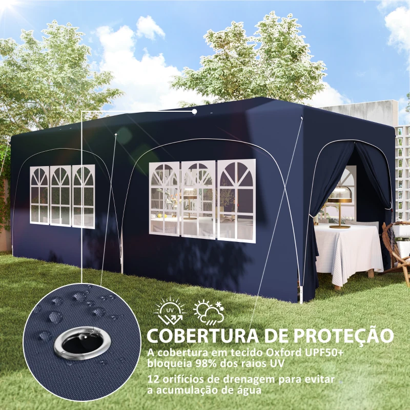 Outsunny Tenda Dobrável 3x6 m com Painéis Laterais UPF50+ Tenda de Jardim com Altura Ajustável e Bolsa de Transporte Azul Escuro
