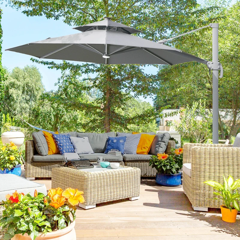 Outsunny 3m Cantilever Parasol w/ Solar Lights Power Bank Base 360° Spin Dark Grey