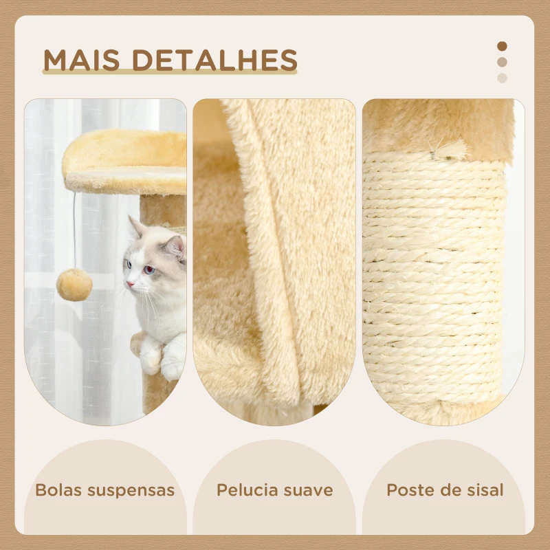 PawHut Árvore de gato com plataformas Cabines Bolas de jogo bege 40x40x114cm