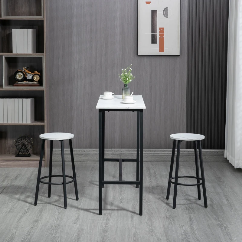 HOMCOM Ensemble table de bar + 2 tabourets structure en acier plateau aspect marbre 2 personnes blanc