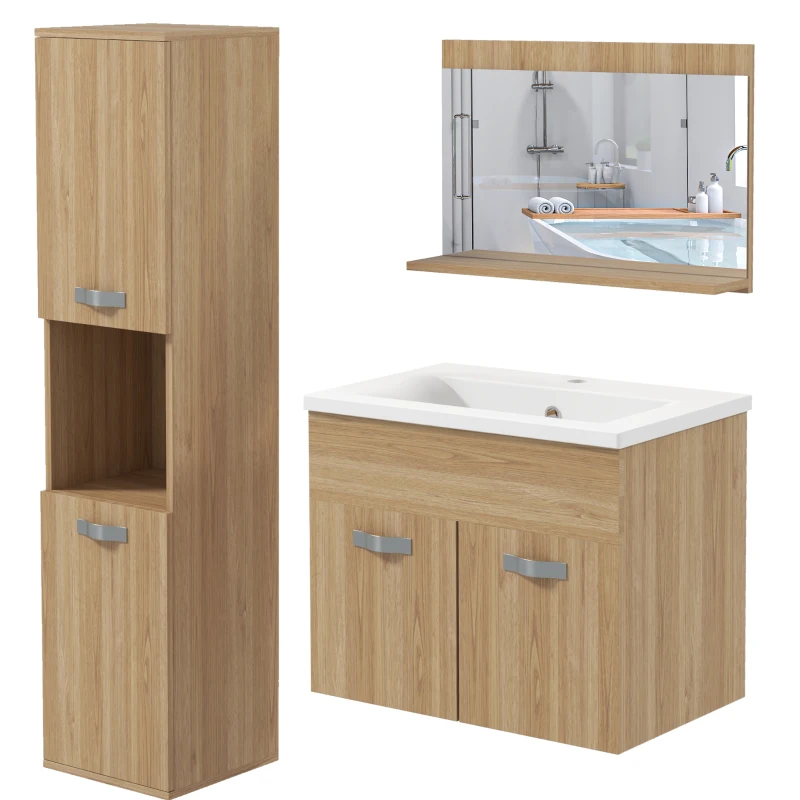 kleankin Ensemble de meubles de salle de bain armoire miroir + meuble sous lavabo suspendu avec bassin + meuble colonne naturel