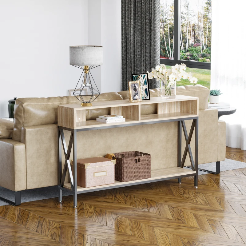 HOMCOM Table Console Table d'Entrée Industriel Multi-rangements 120 x 23,5 x 75 cm Bois Chêne