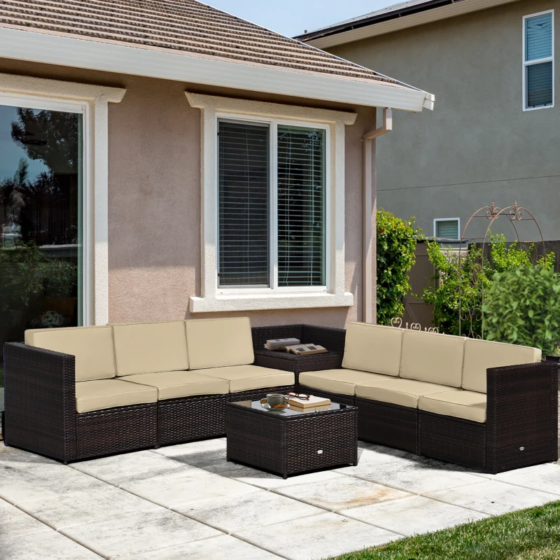 Outsunny 6-Seater Rattan Sofa Furniture Set W/Cushions, Steel Frame-Brown