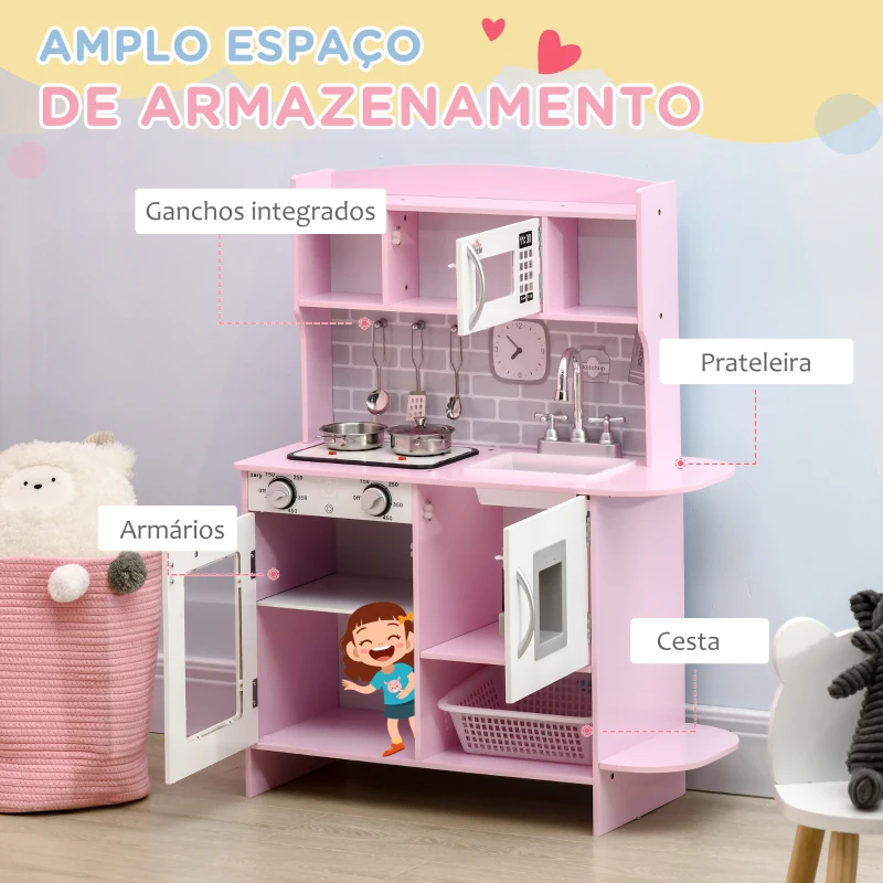 HOMCOM Cozinha Infantil para Crianças acima de 3 Anos Cozinha Infantil com Luzes Sons Lavatório Fogão e Forno 70x29x90cm Rosa