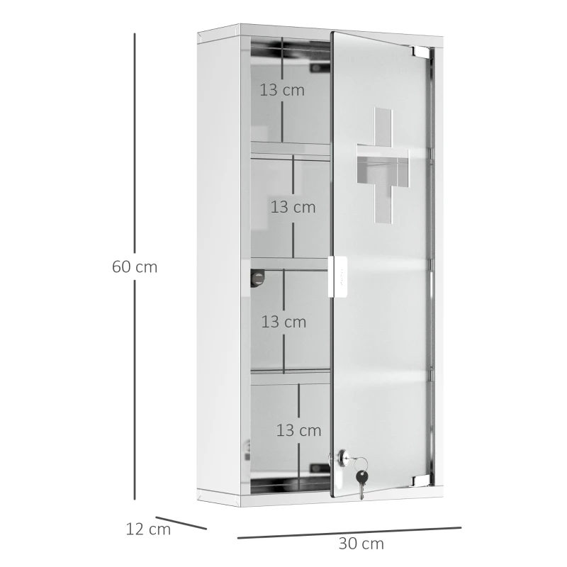 HOMCOM Armoire à Pharmacie 3 étagères 4 Niveaux 30L x 12l x 60H cm Porte Verre trempé Symbole Croix Acier Inoxydable brossé