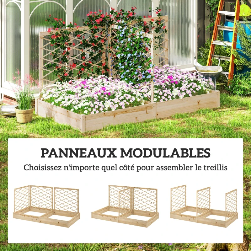 Outsunny Jardinière avec 3 treillis modulable, bac à fleurs en bois pour balcon terrasse patio, 222x114x109 cm effet bois naturel