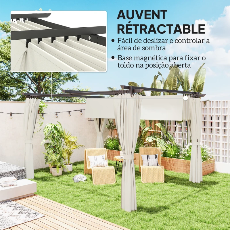 Outsunny Pergola de jardin exterieur 3 x 4 m, toit rétractable et rideaux, anti-UV UPF30+, pour barbecue, patio, terrasse, crème