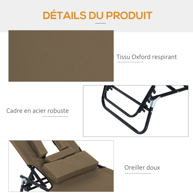 Outsunny Transat de Jardin Chaise Longue Pliante Bain de Soleil avec Appuie-tête, Trou de lecture et Dossier Inclinable, Marron