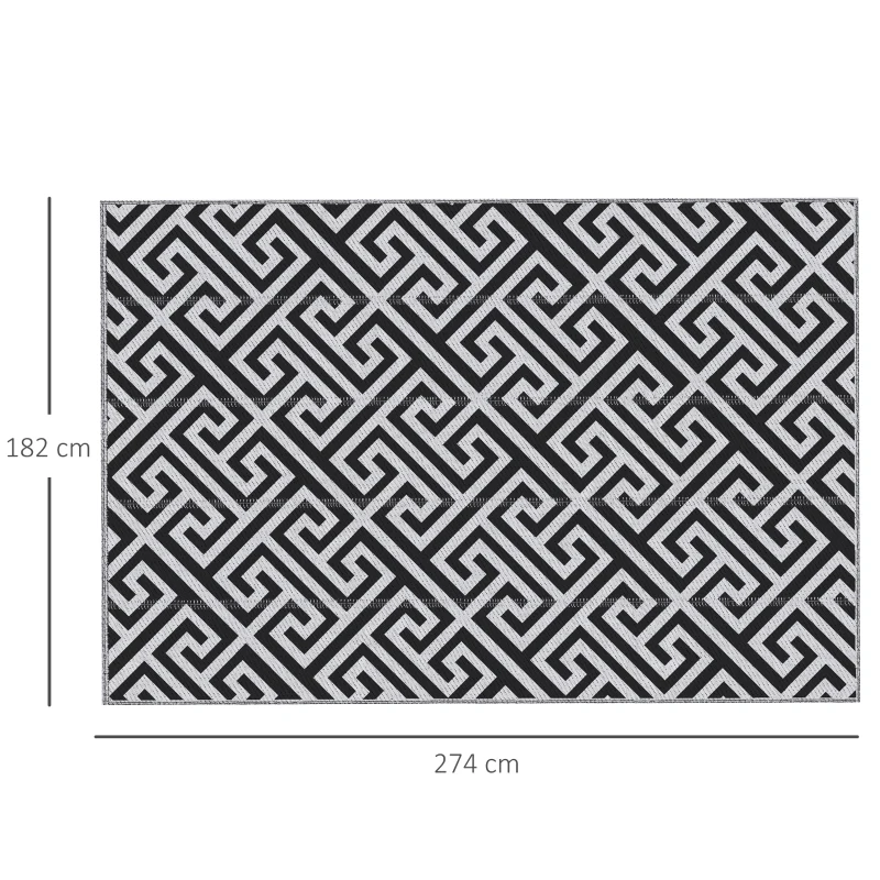 Outsunny Tapete de Exterior 182x274 cm Tapete Reversível com Desenho Geométrico Impermeável para Varanda Campismo Praia Branco e Preto