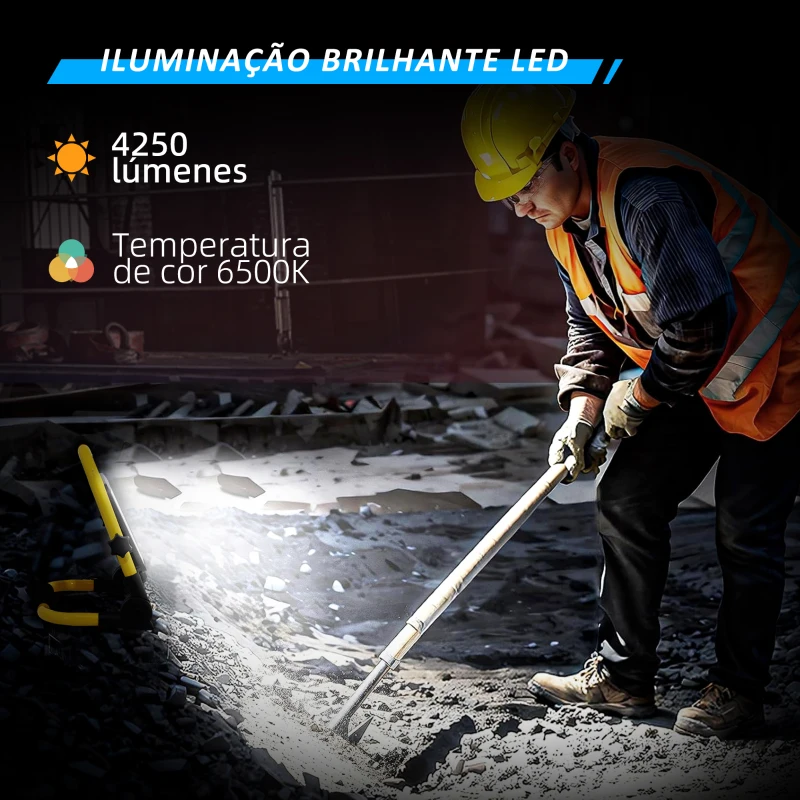 HOMCOM Preojetor LED Recarregável Ajustáve 50W 4250 Lúmenes IP65 6500K Reflector LED Portátil com Pega 25,5x16x25,5 cm Amarelo