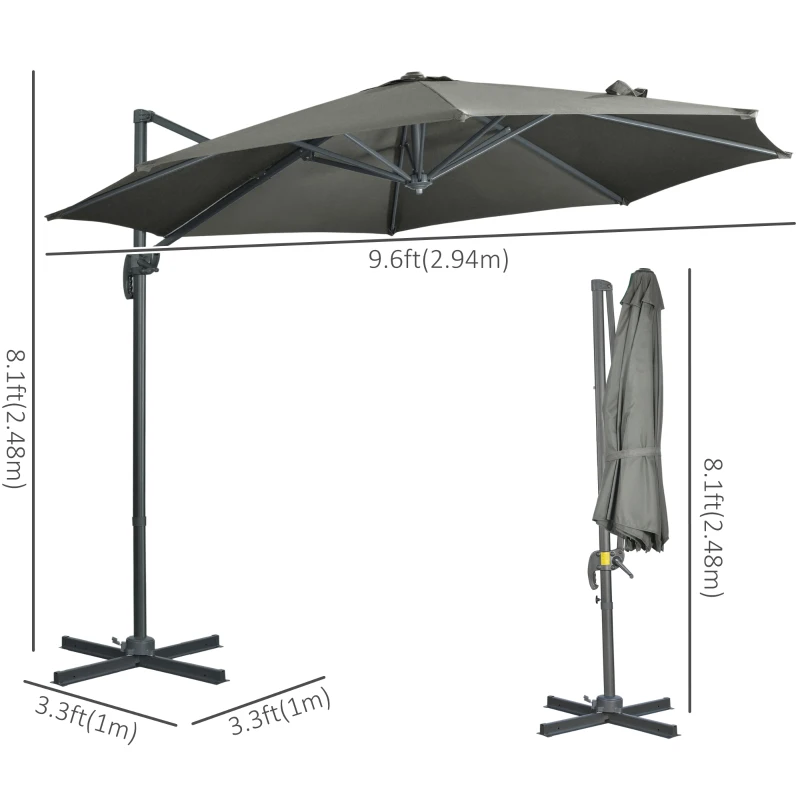 Outsunny 3 x 3(m) Cantilever Parasol with Cross Base, Garden Umbrella with 360° Rotation, Crank Handle and Tilt for Outdoor, Patio, Grey