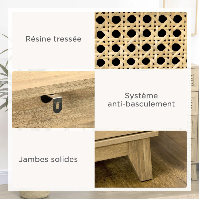 HOMCOM Commode 4 tiroirs meuble de rangement cannage en rotin aspect bois clair 80 x 35 x 95 cm