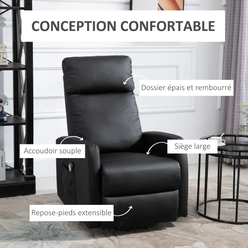 HOMCOM Fauteuil releveur électrique inclinable avec repose-pied ajustable et télécommande revêtement synthétique noir
