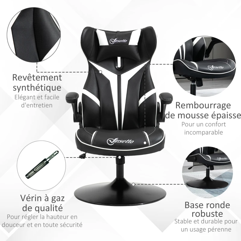 Vinsetto Fauteuil gamer chaise de jeu gaming pivotante ergonomique hauteur réglable accoudoirs revelables coussin têtière inclus