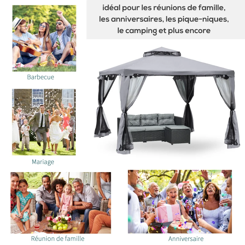 Outsunny Tonnelle de jardin pavillon de jardin 3 x 3 m double toit avec moustiquaires amovibles gris clair