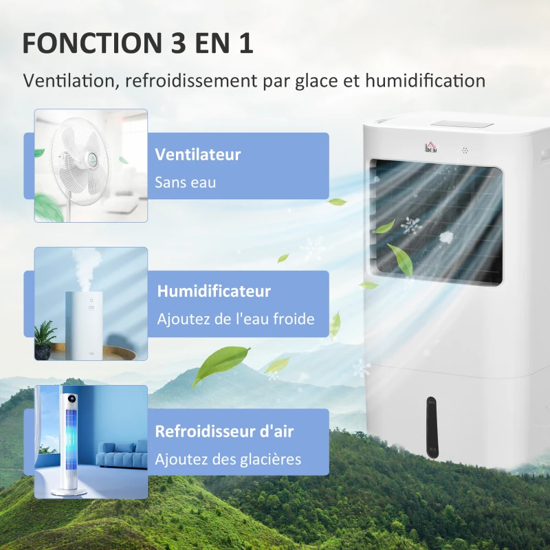 HOMCOM Refroidisseur d'air portable mobile par évaporation 3 en 1 oscillation, 3 vitesses, télécommande, minuterie 8H, blanc