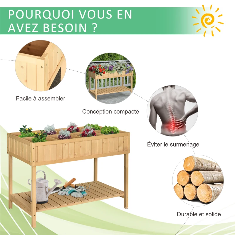 Outsunny Jardinière sur Pieds carré Potager avec étagère dim. 110L x 46l x 76H cm 8 Compartiments & Inserts d'irrigation Bois de Sapin