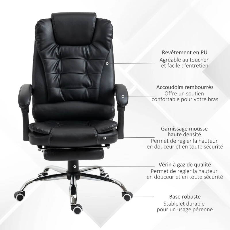 HOMCOM Fauteuil de bureau fauteuil manager grand confort dossier inclinable roulettes P.U 64,5 x 69 x 117 cm noir