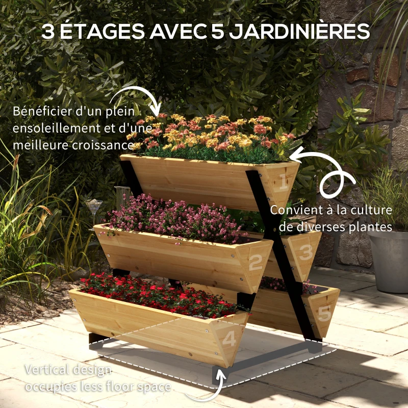 Outsunny Jardinière sur Pieds en bois  Potager 3 niveaux 5 bacs - dim. 75L x 78lx 77H cm Inserts d'irrigation Feutre de Drainage