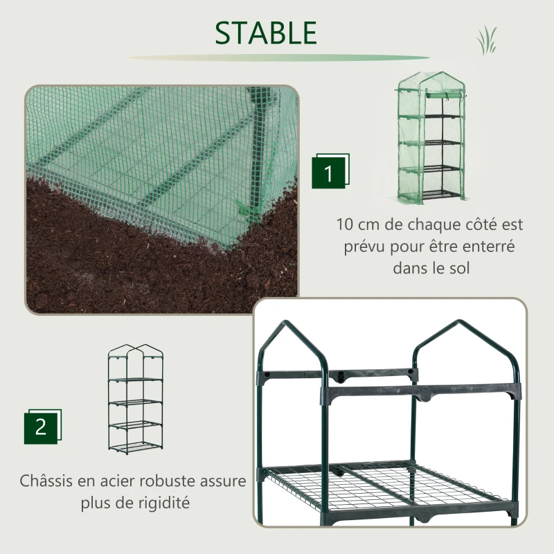 Outsunny Serre de jardin PE avec étagères 4 niveaux, serre de balcon, bâche renforcée 140 /m², châssis en acier, porte zippée enroulable, pour légumes plantes, intérieur extérieur, 70x50x160cm, vert