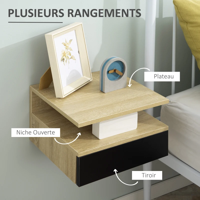 HOMCOM Lot de 2 Tables de Chevet murales - Lot de 2 Tables de Nuit - tiroir Coulissant, Niche, Plateau - Noir Chêne