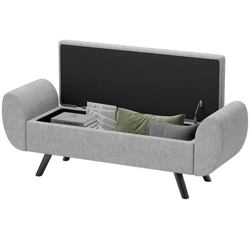 HOMCOM Storage Ottoman with Armrest, Upholstered Linen Storage Bench, Window Seat with Rubberwood Legs, Footstool for Bedroom Living Room, Hallway, Dark Grey