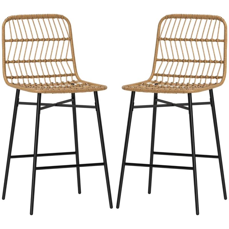 HOMCOM Conjunto de 2 Taburetes Altos de Cocina Taburetes de Bar con Respaldo y Asiento de Ratán para Bar Cocina Comedor Marrón