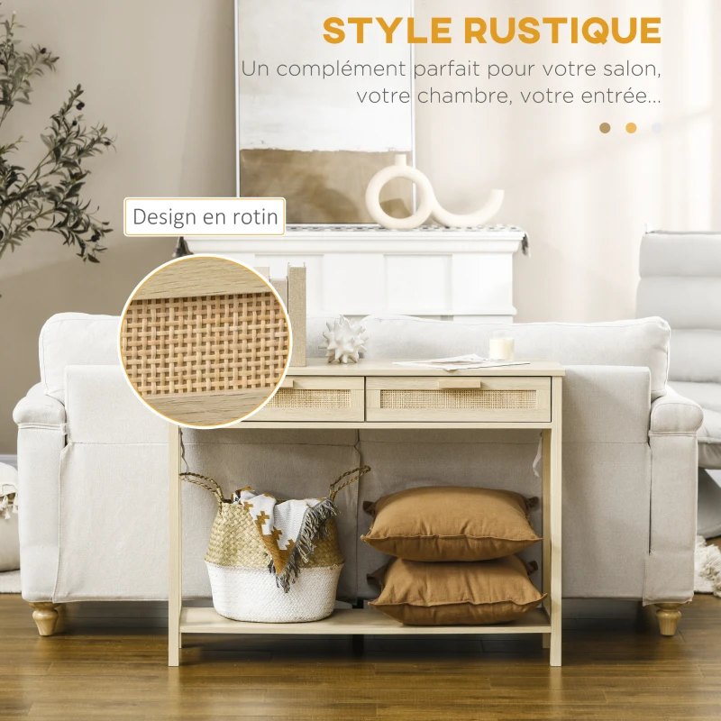 HOMCOM Console Table d'appoint dim. 100L x 30l x 76H cm 2 tiroirs façades cannage en rotin étagère MDF Aspect Bois Clair