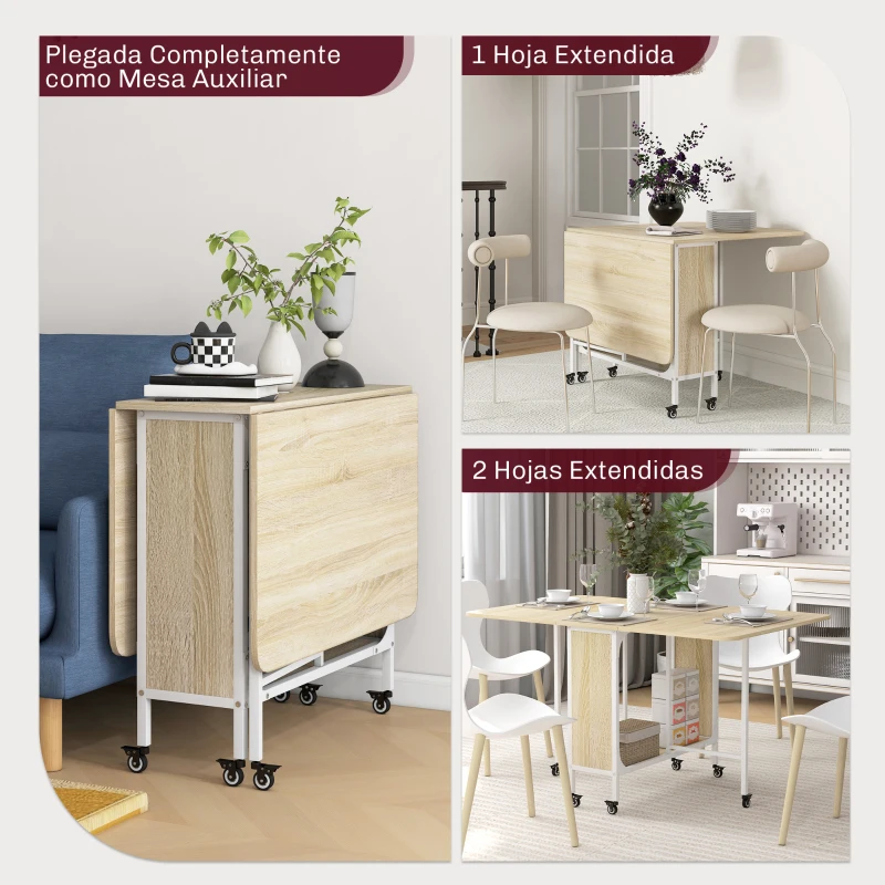 HOMCOM Mesa de Cocina Plegable con Ruedas Alas Abatibles y Estante Mesa Plegable para Salón 130x80x74 cm Madera Natural