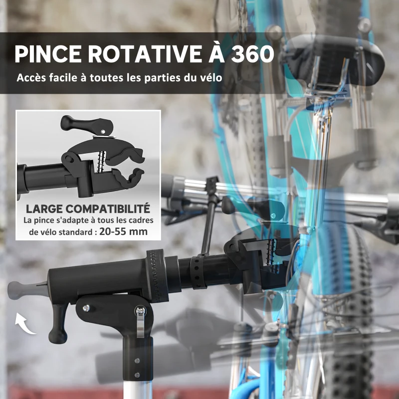 HOMCOM Pied d'atelier vélo pliable support de réparation de vélo hauteur réglable 107-160 cm pince rotative à 360° noir