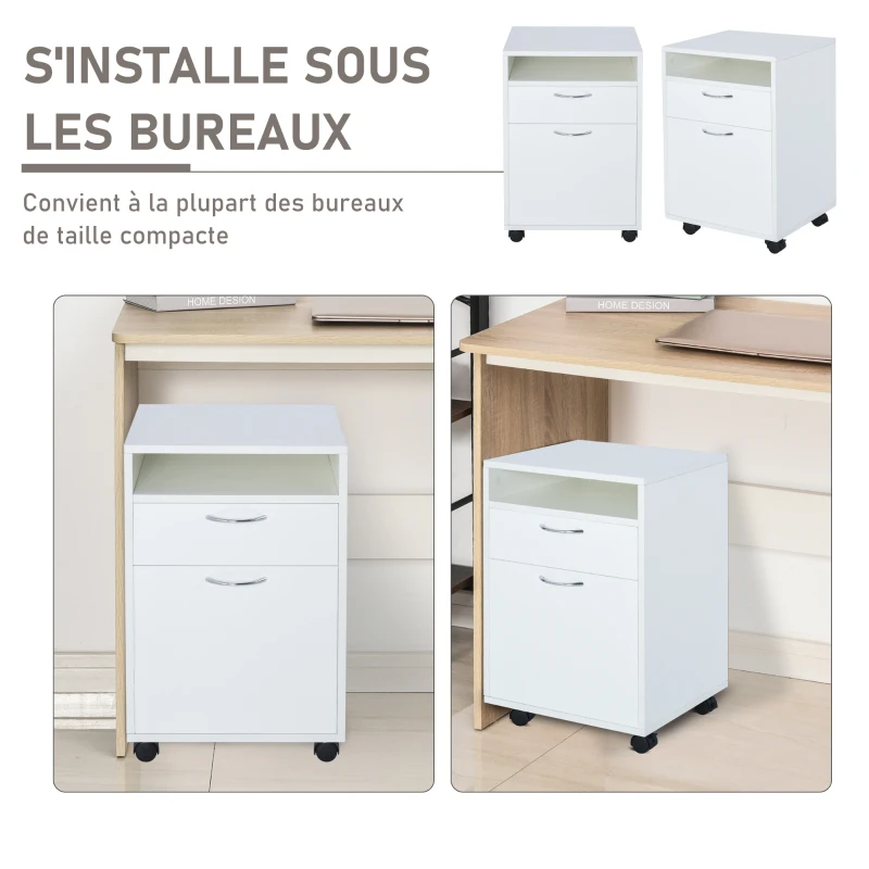 HOMCOM Caisson de bureau rangement bureau sur roulettes tiroir placard niche panneaux particules blanc