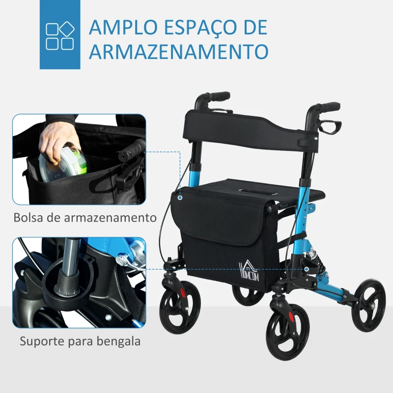HOMCOM Andarilho Idosos Dobrável de Alumínio com Altura Ajustável Travão e Bolsa de Transporte 66x65x80-93 cm Preto e Azul