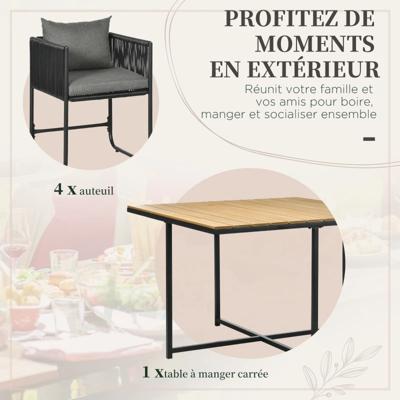 Outsunny Salon de jardin ensemble 5 pièces avec 1 table et 4 fauteuils 8 coussins table en composite plateau aspect bois naturel