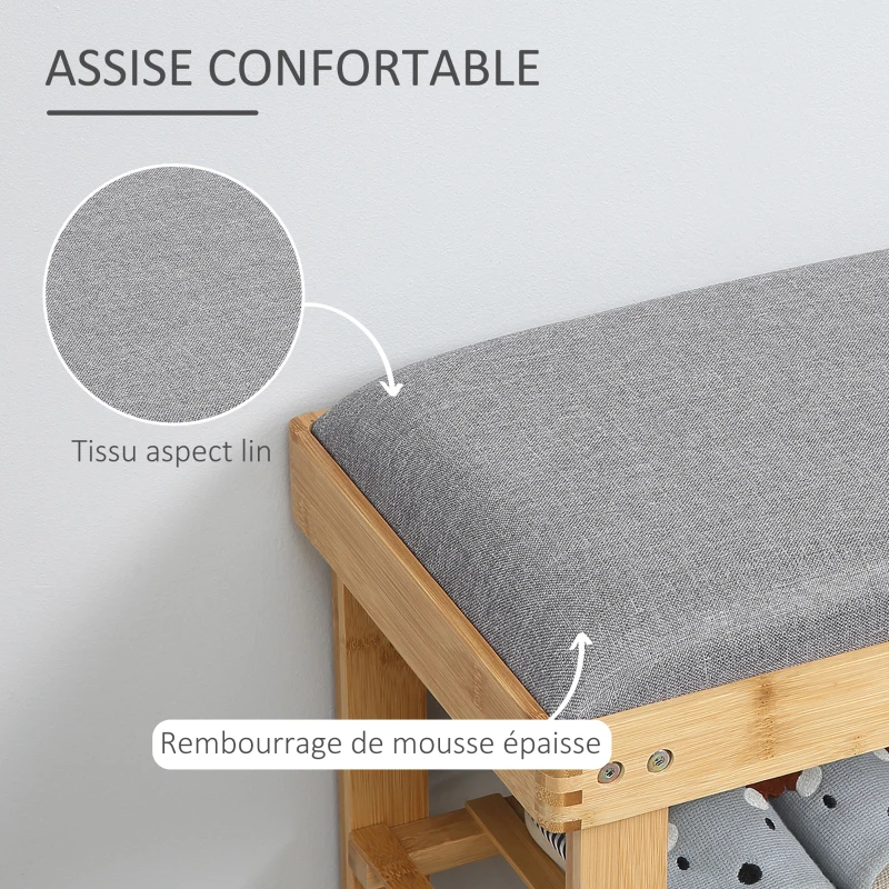 HOMCOM Meuble à Chaussures Banc à Chaussures 2 étagères Coussin Gris intégré Bambou